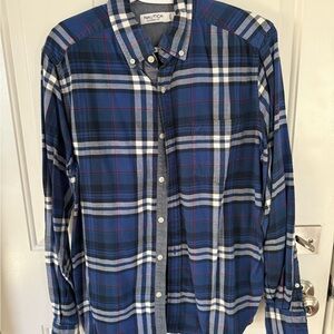 Nautica Men's Navy and White Plaid Button-Down Shirt